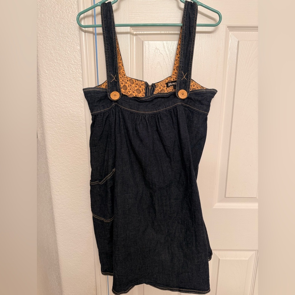 Dark Denim overall strap Dress with Mustard Lining Wooden buttons